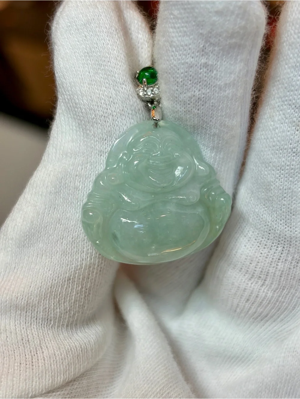 New Icy Green Natural Jadeite Laughing Buddha Pendant with Silver Bail